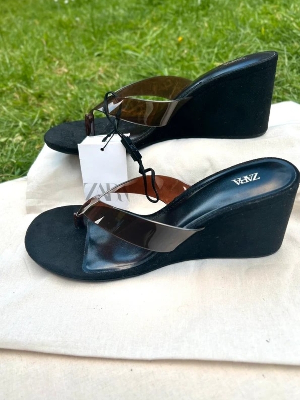 ZARA Black Wedge Sandals with Brown Transparent Straps